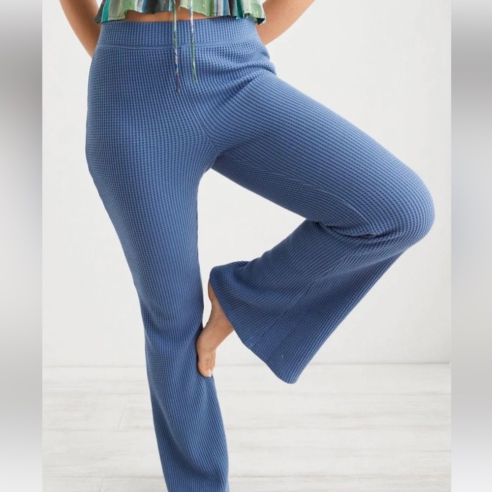 Aerie Waffle High Waisted Flare Pant Marbled Blue Long Length